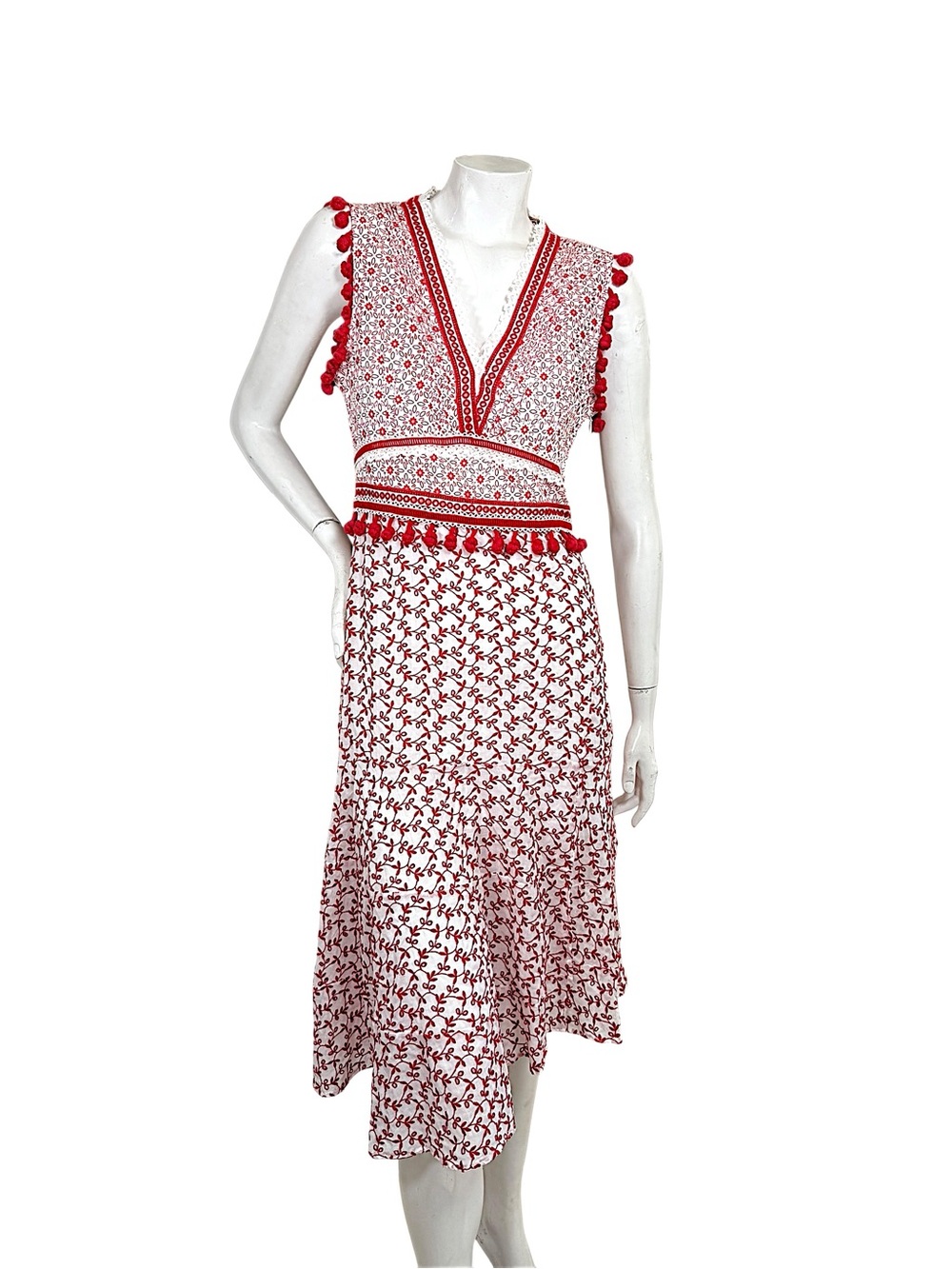 Altuzarra Red White Embroidered Eyelet Cotton Midi Dress 38